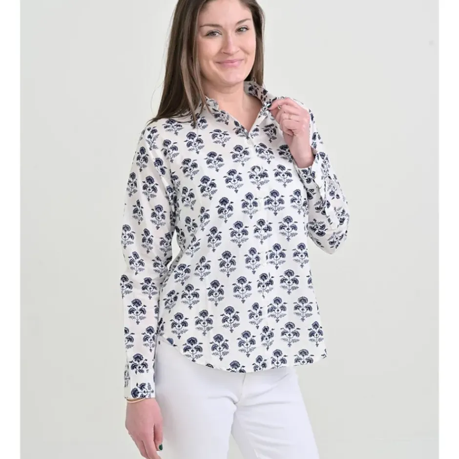 Pomegranate Inc Agra Bloom Indigo Button Down Blouse^ Tops & Tunics