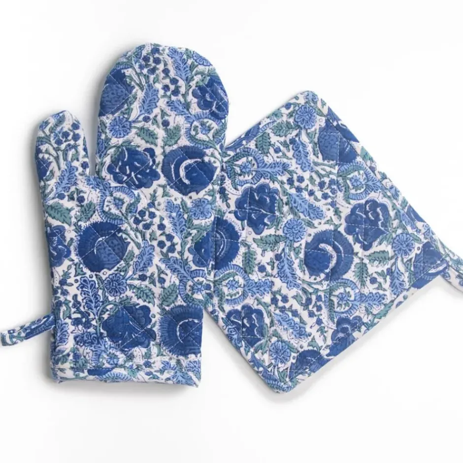 Pomegranate Inc Bohemian Floral Azure Blue & Aqua Oven Mitt Set^ Oven Mitts