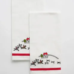 Pomegranate Inc Embroidered Hunt Scene Red Ribbon Tea Towels^ Tea Towels