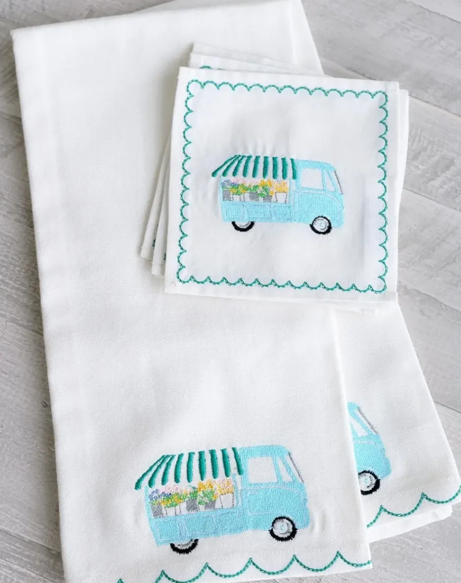 Pomegranate Inc Embroidered tea towels cute flower cart | Set 2^ Tea Towels