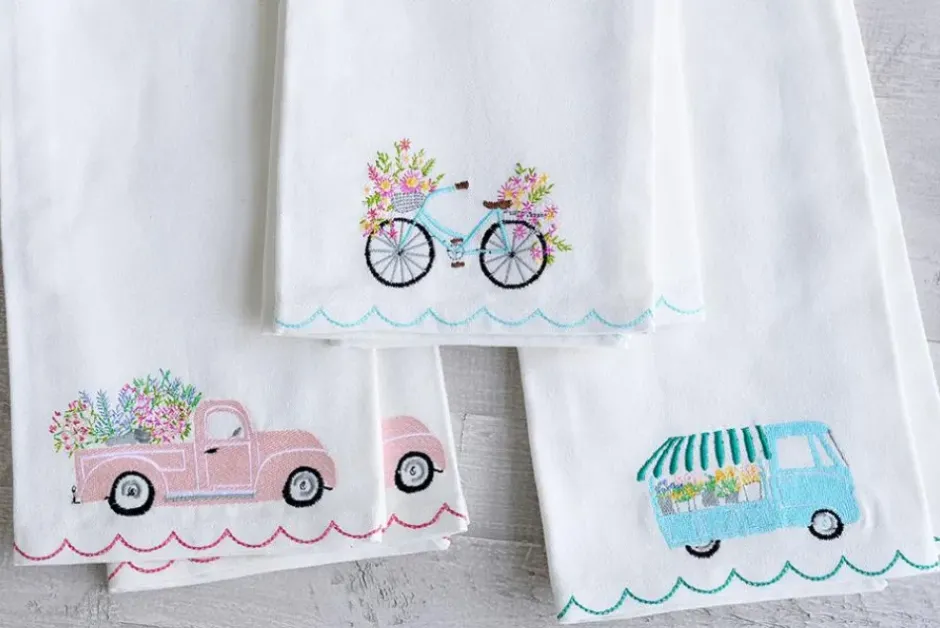 Pomegranate Inc Embroidered tea towels cute flower cart | Set 2^ Tea Towels