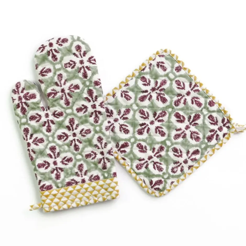 Pomegranate Inc Fleur de Lis Antique Jade Oven Mitt Set^ Oven Mitts