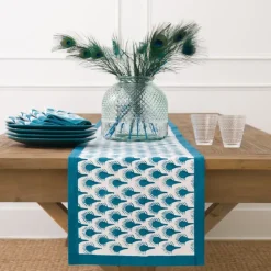 Pomegranate Inc Geo Feather Teal Table Runner^ Table Runners