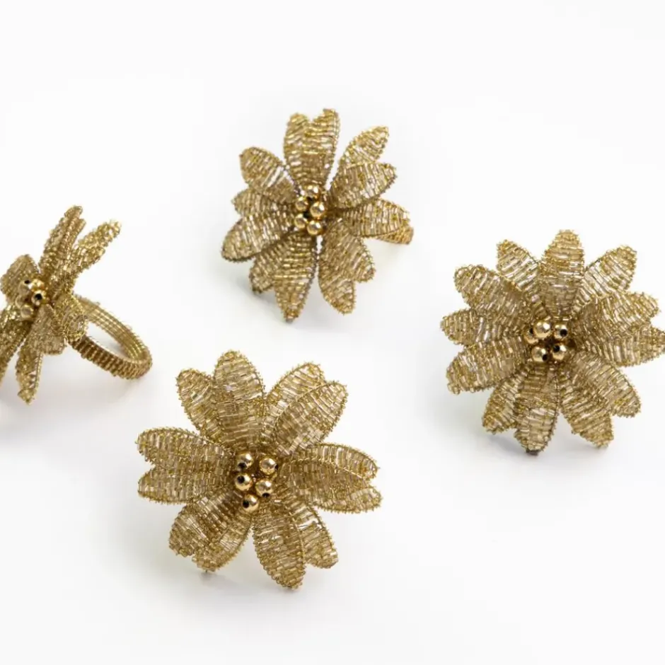 Pomegranate Inc Gold Flower Beaded Napkin Ring | Set of 4^ Napkin Rings