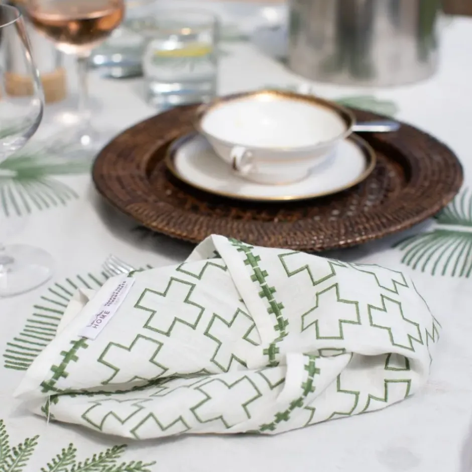 Pomegranate Inc India Hicks Home Embroidered Grand Cross Soft Sage Napkin | Set of 4^ Napkins