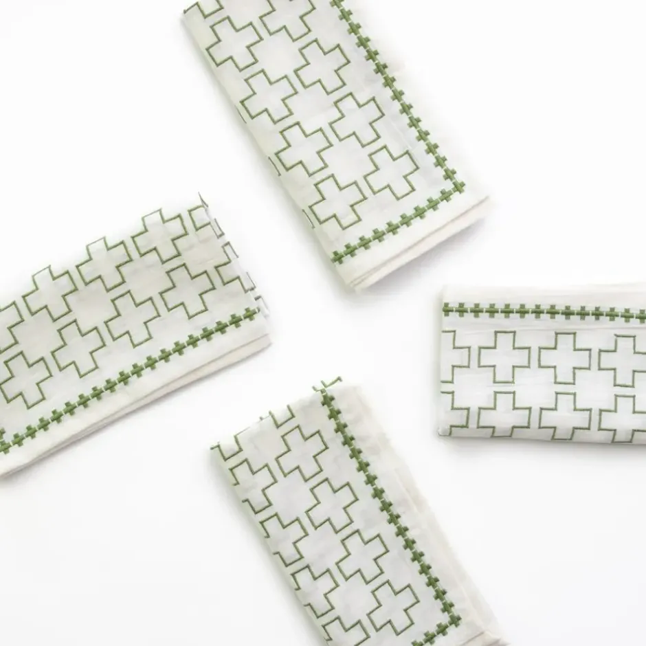 Pomegranate Inc India Hicks Home Embroidered Grand Cross Soft Sage Napkin | Set of 4^ Napkins