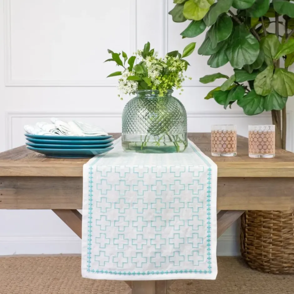 Pomegranate Inc India Hicks Home Embroidered Grand Cross Palladian Blue Table Runner^ Table Runners