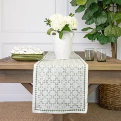 Pomegranate Inc India Hicks Home Embroidered Grand Cross Soft Sage Table Runner^ Table Runners