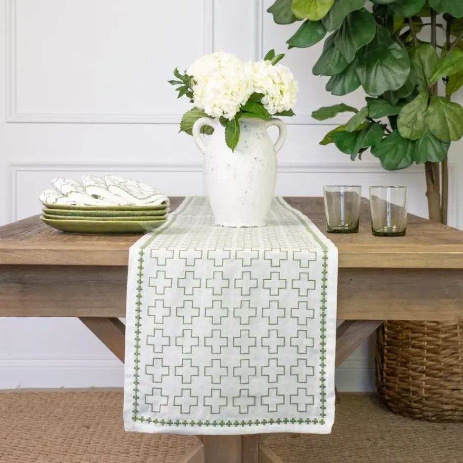 Pomegranate Inc India Hicks Home Embroidered Grand Cross Soft Sage Table Runner^ Table Runners