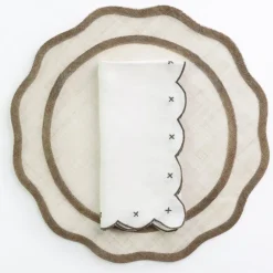 Pomegranate Inc Scalloped Knot Brown Embroidered Linen Napkin | Set of 4^ Napkins