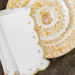 Pomegranate Inc Scalloped Knot Goldenrod Embroidered Linen Napkin | Set of 4^ Napkins