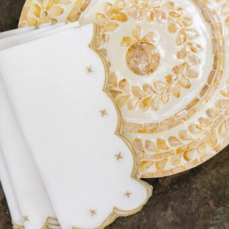 Pomegranate Inc Scalloped Knot Goldenrod Embroidered Linen Napkin | Set of 4^ Napkins