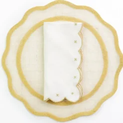 Pomegranate Inc Scalloped Knot Goldenrod Embroidered Linen Napkin | Set of 4^ Napkins