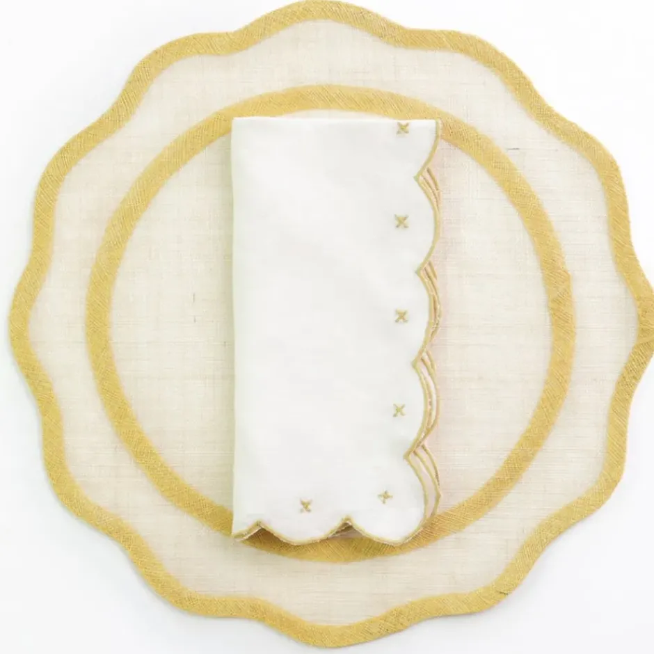 Pomegranate Inc Scalloped Knot Goldenrod Embroidered Linen Napkin | Set of 4^ Napkins