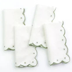 Pomegranate Inc Scalloped Knot Green Embroidered Linen Napkin | Set of 4^ Napkins