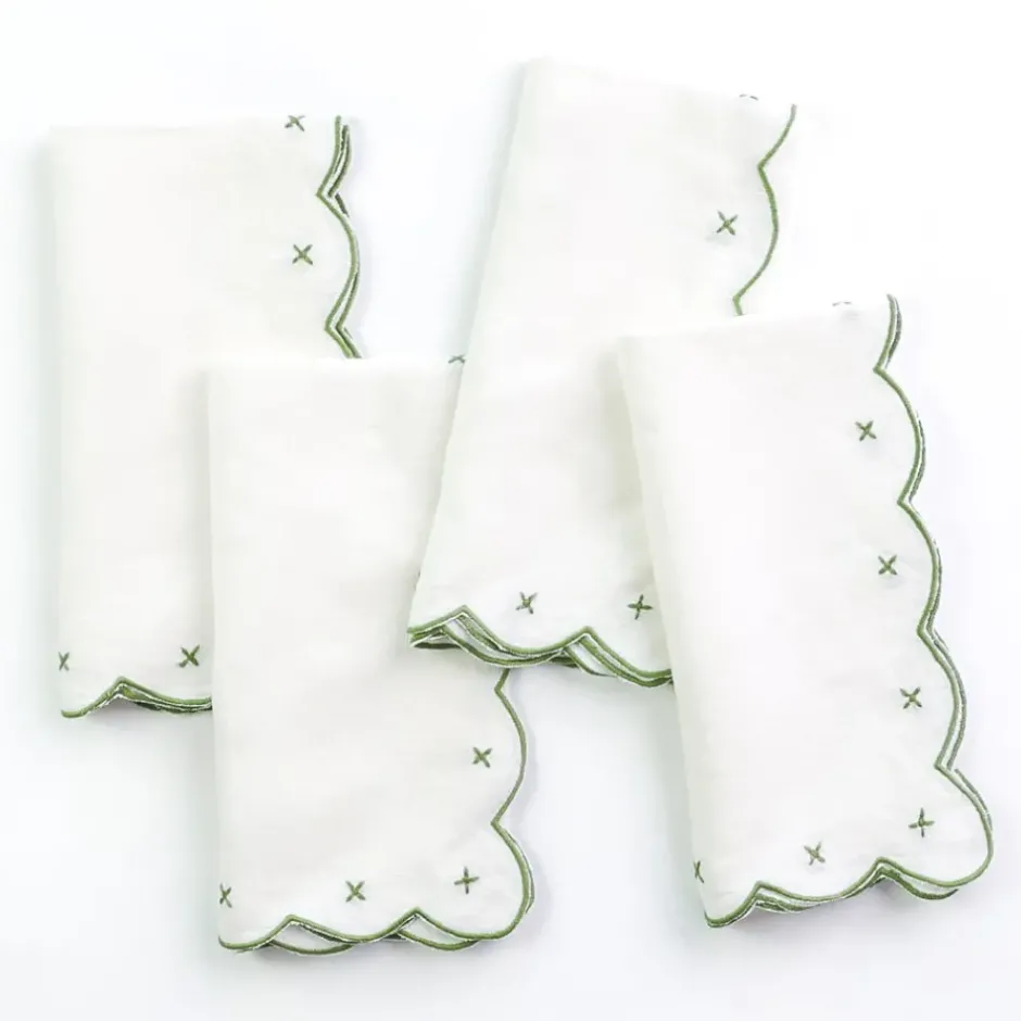 Pomegranate Inc Scalloped Knot Green Embroidered Linen Napkin | Set of 4^ Napkins