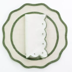 Pomegranate Inc Scalloped Knot Green Embroidered Linen Napkin | Set of 4^ Napkins