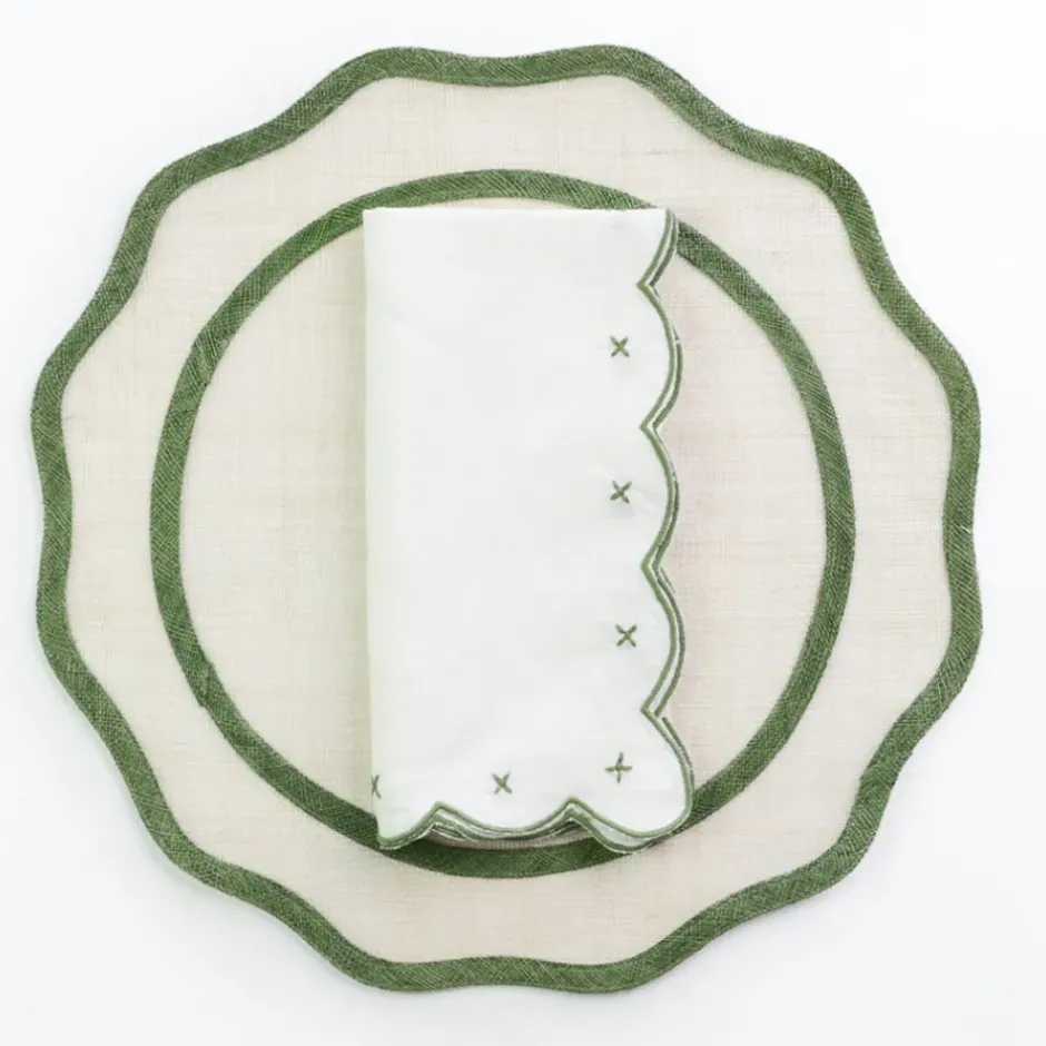 Pomegranate Inc Scalloped Knot Green Embroidered Linen Napkin | Set of 4^ Napkins