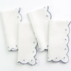 Pomegranate Inc Scalloped Knot Light Blue Embroidered Linen Napkin | Set of 4^ Napkins