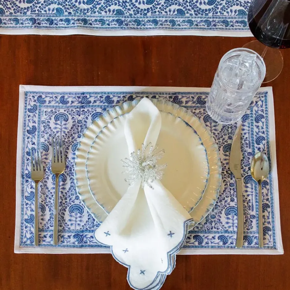 Pomegranate Inc Scalloped Knot Light Blue Embroidered Linen Napkin | Set of 4^ Napkins