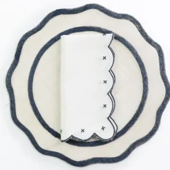 Pomegranate Inc Scalloped Knot Navy Embroidered Linen Napkin | Set of 4^ Napkins