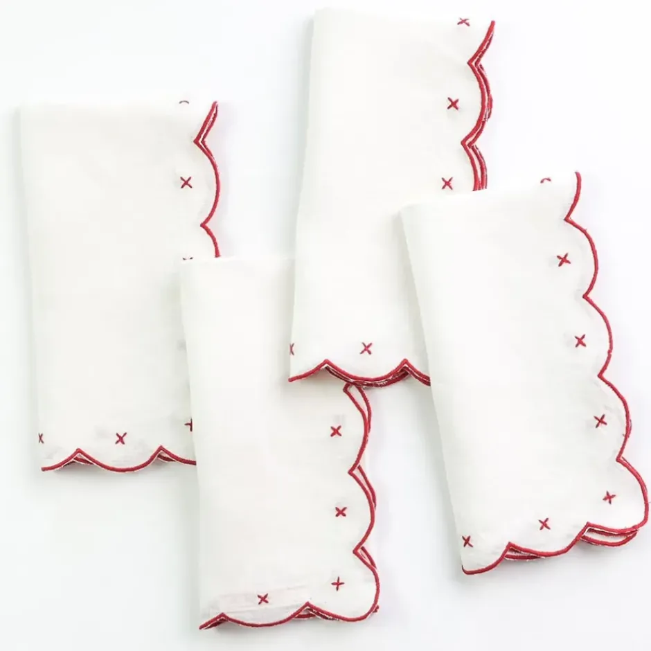 Pomegranate Inc Scalloped Knot Red Embroidered Linen Napkin | Set of 4^ Napkins