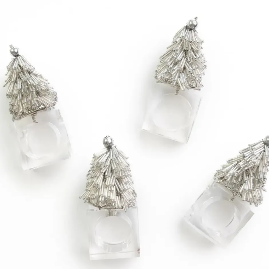 Pomegranate Inc Silver Christmas Tree Beaded Napkin Ring | Set of 4^ Napkin Rings