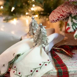 Pomegranate Inc Silver Christmas Tree Beaded Napkin Ring | Set of 4^ Napkin Rings