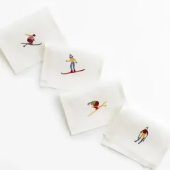 Pomegranate Inc Skiers Embroidered Linen Cocktail Napkin | Set of 4^ Cocktail Napkins
