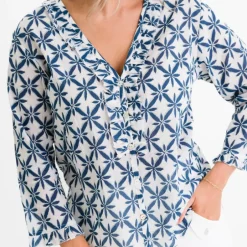 Pomegranate Inc Starburst Flower Navy Flange Button Blouse^ Tops & Tunics