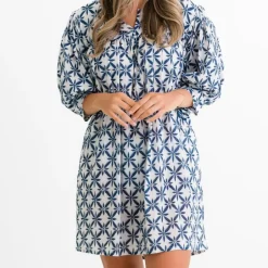 Pomegranate Inc Starburst Flower Navy Split Neck Shift Dress^ Everyday Dresses