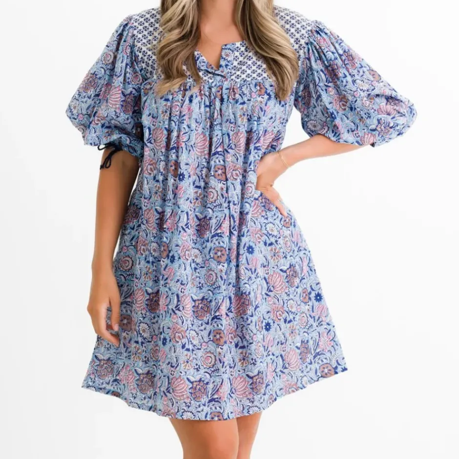 Pomegranate Inc Taj Floral Blue Split Neck Shift Dress^ Everyday Dresses