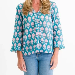 Pomegranate Inc Teal Pom Flower Flange Button Blouse^ Tops & Tunics