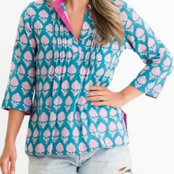 Pomegranate Inc Teal Pom Flower Pintuck Blouse^ Tops & Tunics