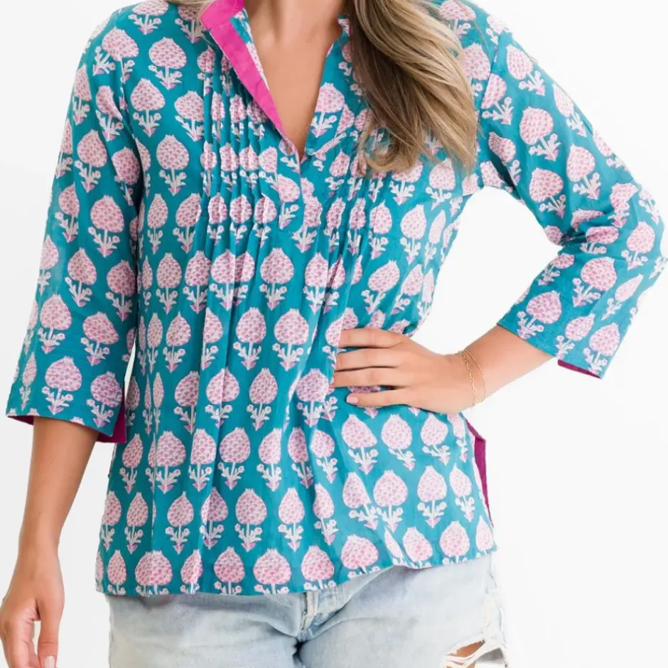 Pomegranate Inc Teal Pom Flower Pintuck Blouse^ Tops & Tunics