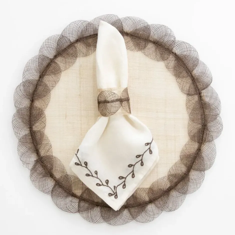 Pomegranate Inc Twig & Bud Brown Embroidered Linen Napkin | Set of 4^ Napkins