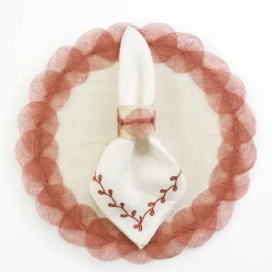 Pomegranate Inc Twig & Bud Coral Embroidered Linen Napkin | Set of 4^ Napkins