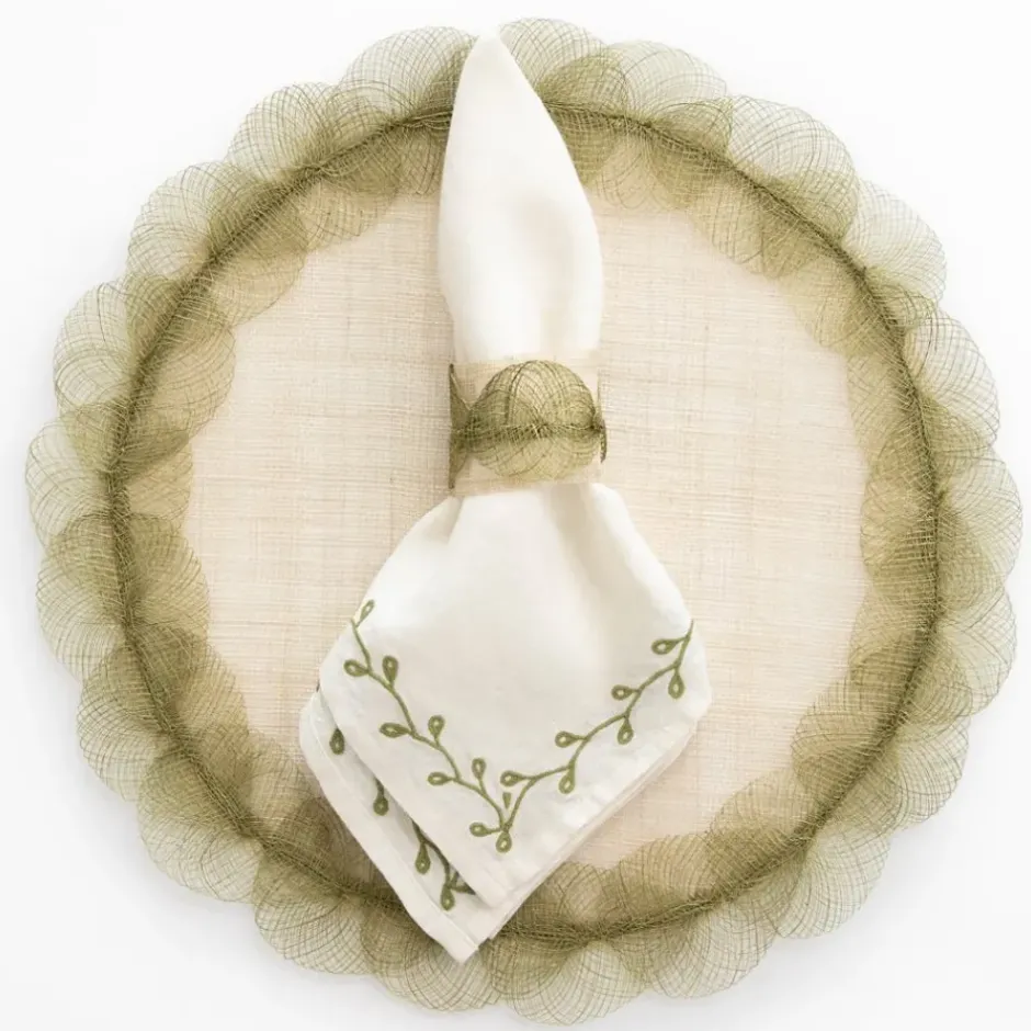 Pomegranate Inc Twig & Bud Moss Embroidered Linen Napkin | Set of 4^ Napkins