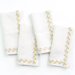 Pomegranate Inc Twig & Bud Mustard Embroidered Linen Napkin | Set of 4^ Napkins