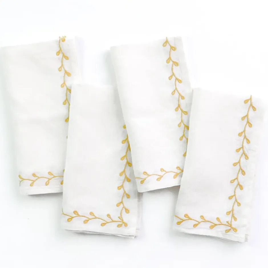 Pomegranate Inc Twig & Bud Mustard Embroidered Linen Napkin | Set of 4^ Napkins