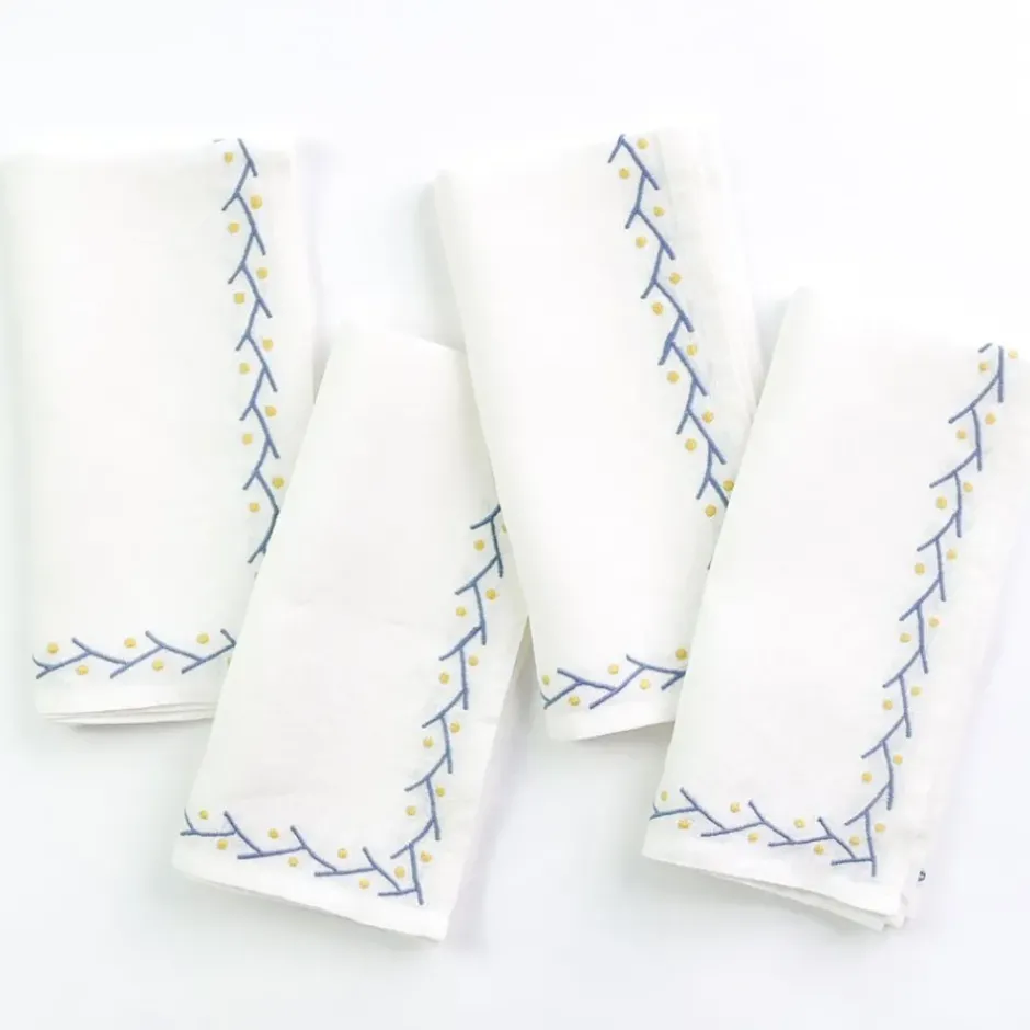 Pomegranate Inc Twig & Dot Navy & Yellow Embroidered Linen Napkin | Set of 4^ Napkins