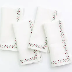 Pomegranate Inc Twig & Dot Red & Green Embroidered Linen Napkin | Set of 4^ Napkins