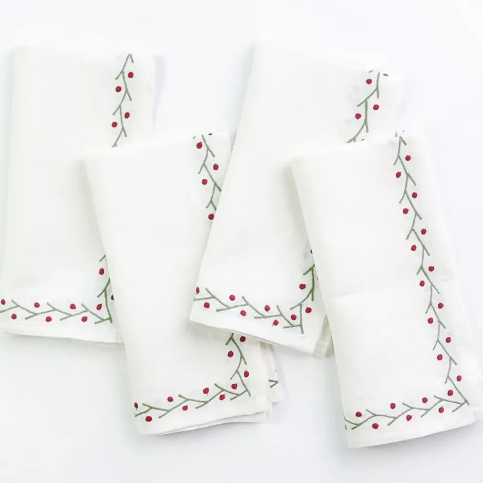 Pomegranate Inc Twig & Dot Red & Green Embroidered Linen Napkin | Set of 4^ Napkins