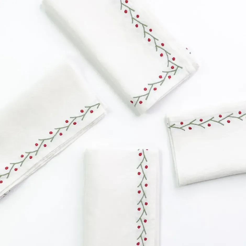 Pomegranate Inc Twig & Dot Red & Green Embroidered Linen Napkin | Set of 4^ Napkins