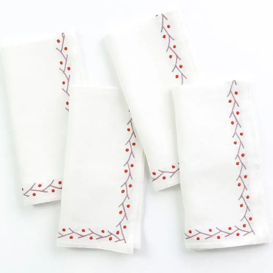 Pomegranate Inc Twig & Dot Terracotta & Mauve Embroidered Linen Napkin | Set of 4^ Napkins