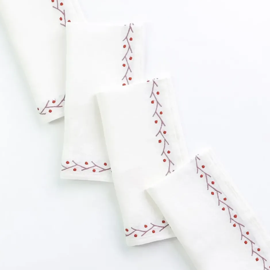 Pomegranate Inc Twig & Dot Terracotta & Mauve Embroidered Linen Napkin | Set of 4^ Napkins